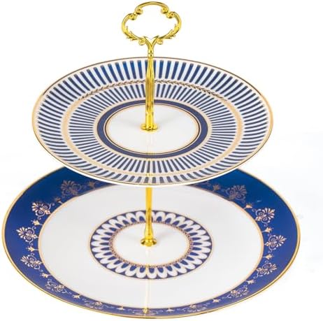 KAMMAK 2-Tier Porcelain Cupcake Stand Serving Tray, Dessert Plates Cake Fruit Candy Display Tower, Reusable Pastry Platter for Wedding Birthday Baby Shower Tea Party Decorations (Blue) by KAMMAK