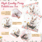 400 Pcs Bunny Birthday Party Decorations for 50 Guests, Pink Floral Bunny Paper Plates and Napkins Cups Cutlery Rabbit Disposable Tableware Set for Spring Baby Shower Birthday Supplies - Image 3