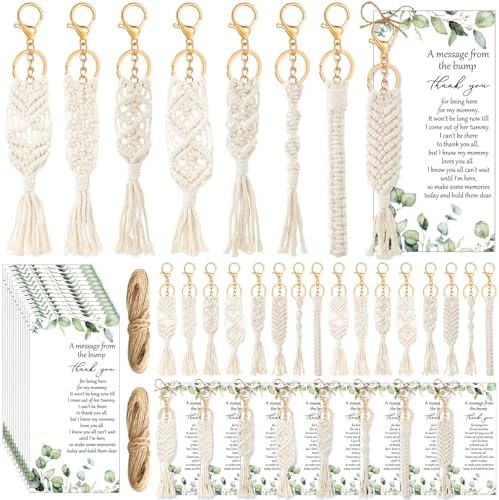 Ecation 36 Sets Boho Baby Shower Favors for Guests Macrame Keychains with Eucalyptus Leaf Thank You Cards Bulk Crochet Tassel Key Rings Bohemian Baby in Bloom Party Favor for Return Gift Souvenir by Ecation