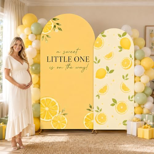 2PCS Lemon Baby Shower Decorations Arch Backdrop Cover 6ft 7.2ft Stretchy Spandex A Sweet Little One is on the Way Backdrop for Lemon Baby Shower Party Supplies Photo Props - Image 5