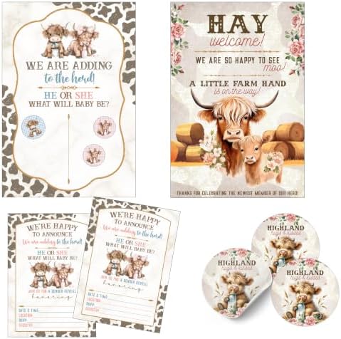 Baby Highland Cow Gender Reveal Farm Party Supplies 56 Piece Set by SillyGooseGiftstheOriginal
