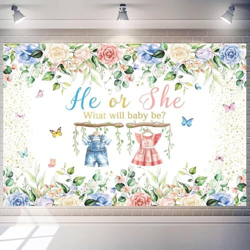 12x10 FT Gender Reveal Backdrop Blue Pink Bear Boy or Girl Background Sign Decorations Banner New Born Baby Shower Baptism Kids Birthday Party Photo Shoot Supplies (He or She) by Unknown