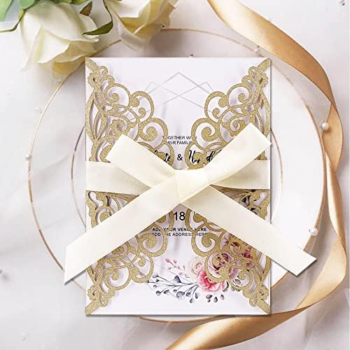 50Pcs Laser Cut Wedding Invitation With Glitter Envelopes And Ribbons Blank Personalized Card Invitaciones Para quinceañera Birthday Baby Shower Christmas Party Bridal Shower (Gold) - Image 4