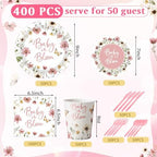 Funnymoom 400 Pcs Baby in Bloom Party Supplies for 50 Guests Pink Floral Baby Shower Paper Plates and Napkins Knives Spoon Fork Cup Disposable Wildflower Dinner Party for Spring Greenery Favor - Image 3
