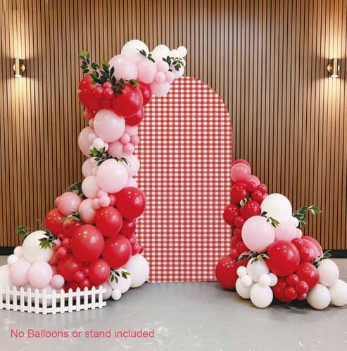Checkered Gingham Arch Backdrop Cover 7.2ft Red and White Girl Bridal Baby Shower Birthday Party Classic Plaid Pattern Stretchy Arched Photo Booth Decorations 7ft - Image 2