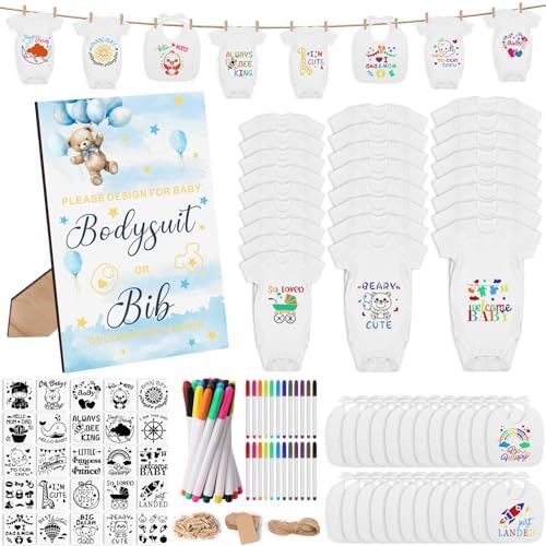 201 Pcs Baby Shower Set Baby Shower Game Sign Baby Bib Bodysuit White Baby Bib Newborn Bodysuit Baby Shower White Decorating Kit(New Blue Bear) by Pydeeirom
