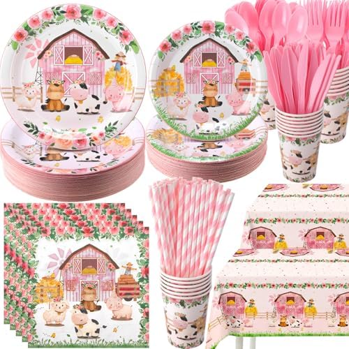 Ceenna 452 Pcs Pink Farm Animal Birthday Party Decoration for 50 Guest, Pink Farm Barnyard Paper Plates Napkins Cups Tablecloth Cutlery Straw for Baa Moo Im Two Birthday Baby Shower Party Supply by Ceenna
