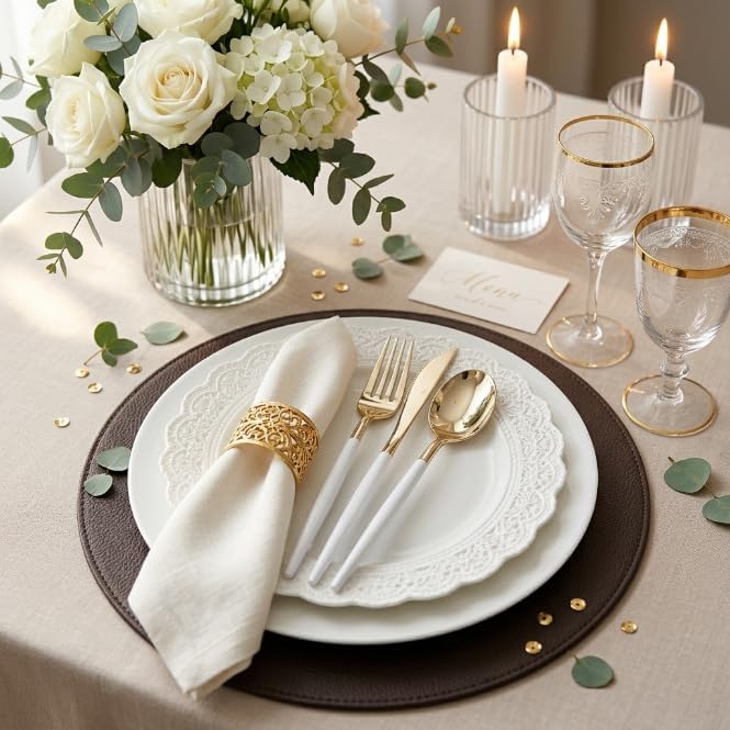 I00000 300 Pcs Gold Plastic Silverware Set, Gold Utensils with White Handle - Image 3