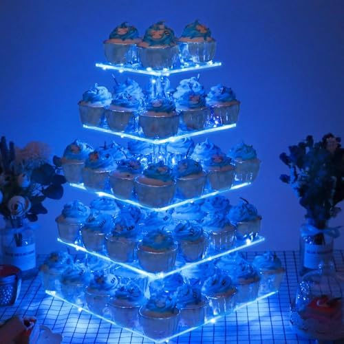 YestBuy 5 Tier Cupcake Stand Acrylic Cupcake Tower Display with LED Light Premium Cupcake Holder Dessert Tree Tower for Birthday Cady Bar Party Décor Weddings, Birthday Parties Events (Blue Light) - Image 2