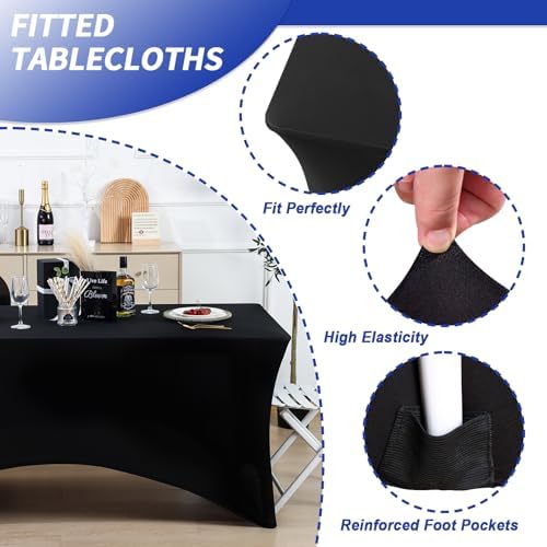 Fixwal 12 Pack 6FT Black Tablecloth Rectangle Spandex Fitted Table Cover - Image 2
