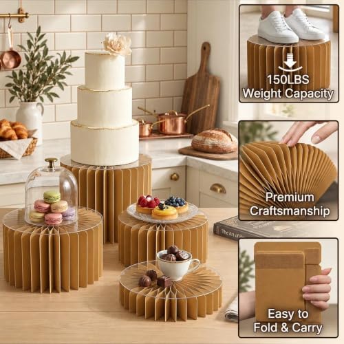 iobiotio Foldable Cake Stand, Reusable Buffet Risers, 4 Pack Round Dessert Stands with Acrylic Tops, Cardborad Display Stands for Weddings, Birthdays, Baby Showers, Parties, Home Decor, Caramel Brown - Image 4