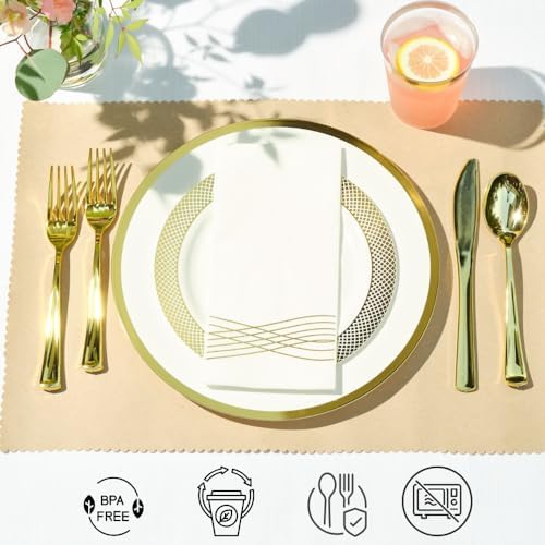 By Madee HEAVYWEIGHT White Plastic Plates with Gold Trim 175 PCS - Image 6