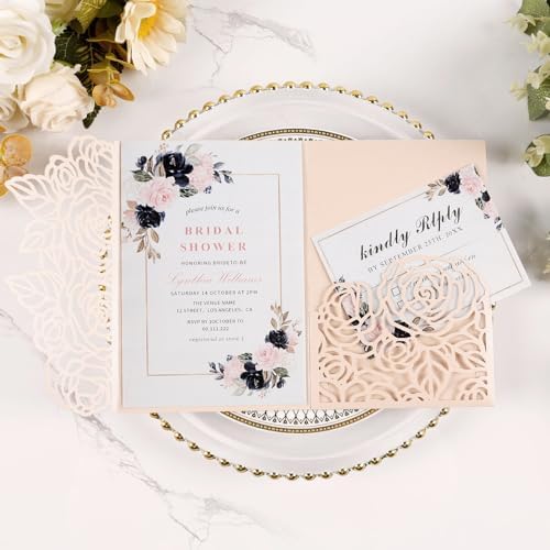50pcs Tri-Fold Laser Cut Invitation with Envelope Blank Inner Sheets RSVP by Maffily