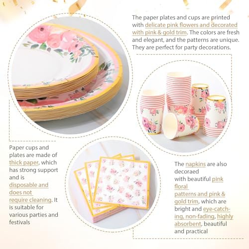 Ziliny 350 Pcs Floral Party Supplies Tableware Set Disposable 9'' 7'' Paper Plates 9 oz Cups Cutlery Napkins Dinnerware for Baby Shower Bridal Wedding 1st Birthday, Serve 50 (Floral, Rose Gold) - Image 3