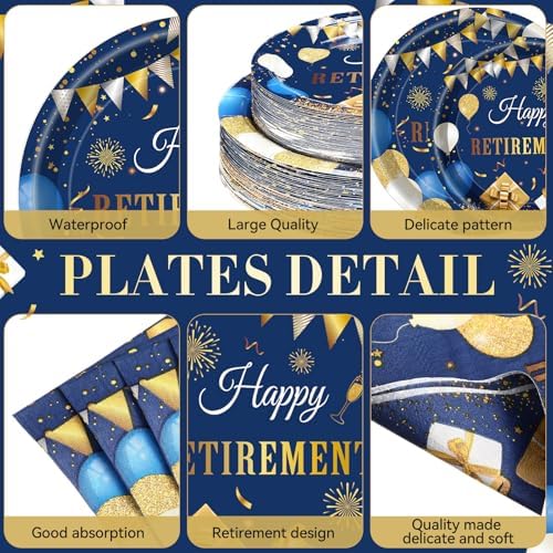 Funnymoom 452 Pcs Retirement Party Decorations Supplies Set Include Blue Gold Retirement Paper Plates Napkins Cups Tablecloth Cutlery Straws for Men Women Say Goodbye Party - Image 2