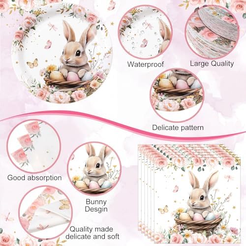 452 Pcs Bunny Birthday Party Decorations for 50 Guests, Pink Floral Bunny Paper Plates and Napkins Cups Cutlery Rabbit Disposable Tableware Set for Spring Baby Shower Birthday Supplies - Image 3
