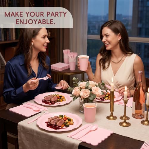 350 Pcs Light Pink Party Plates Cups and Napkins Set, Disposable Paper Dinnerware Set with 9” & 7” Plates, Cups and Napkins for Baby Shower, Bridal Shower, Tea Party, Christmas Party - Image 3
