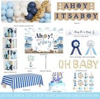 Party Inspo Ahoy It’s a Boy Baby Shower Decorations for Boy – 133 PCs Nautical Theme Party Supplies with Backdrop, Balloon Garland, Banner, Tablecloth, Poster, Cake Topper, Sash and Badges - Image 2