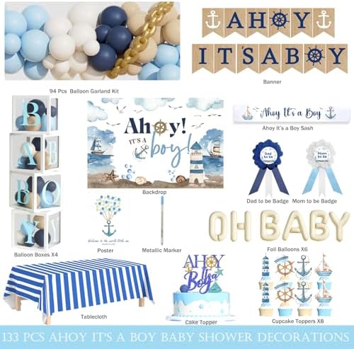 Party Inspo Ahoy It’s a Boy Baby Shower Decorations for Boy – 133 PCs Nautical Theme Party Supplies with Backdrop, Balloon Garland, Banner, Tablecloth, Poster, Cake Topper, Sash and Badges - Image 2