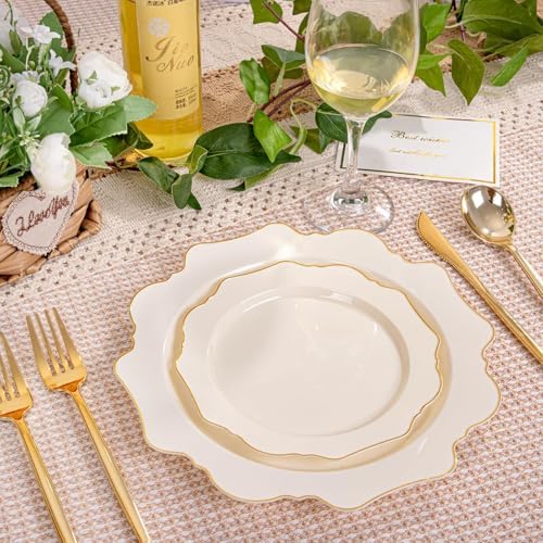 WDF 200PCS Ivory Plastic Plates with Gold Rim - Cream Plastic Plates - Include 100 Dinner & 100 Dessert Fancy Disposable Plate for Party - Heavy Duty Plate for Wedding/Baby Shower - Image 2