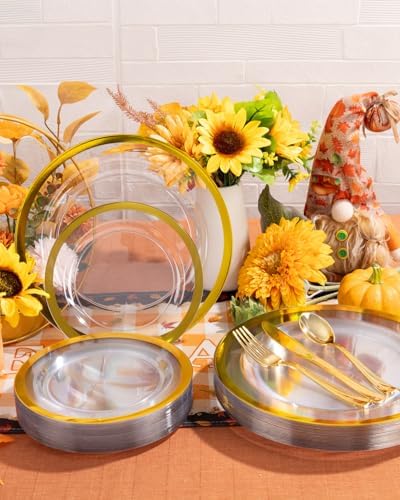 YOUBET 210PCS Gold Plastic Plates - Heavy Duty Clear Gold Disposable Plates Includes 30 Dinner Plate, 30 Dessert Plate, 30 Gold Cups, 30 Napkins for Party & Wedding - Image 4