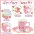 200Pcs Floral Tea Cups and Saucers for Tea Party Supplies, Disposable Tea Cups with Handle and Paper Napkins Dinnerware for Floral Theme Birthday Wedding Bridal Shower Baby Shower（Pink） - Image 4