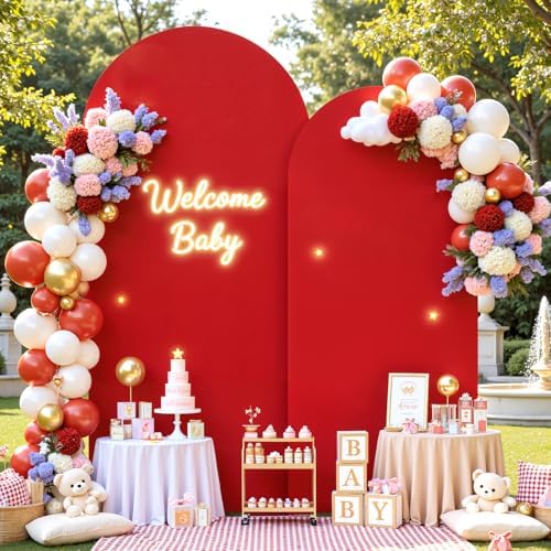 Red Arch Backdrop Cover 7.2FT 6FT Spandex Arch Covers Stretchy Backdrop Set of 2, Double-Layer Wrinkle Free Wedding Arch Stand Cover Party Backdrop Curtains for Baby Shower Birthday Party Decoration - Image 4