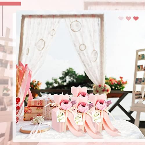 TaoBary 50 Pcs Wedding Favor Boxes with Flower Thanks Card Ribbon, Pink - Image 6