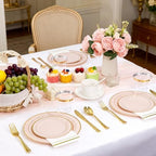 GATHER 350PCS Pink Plastic Plates with Gold Rim for Wedding Baby Shower - Image 3