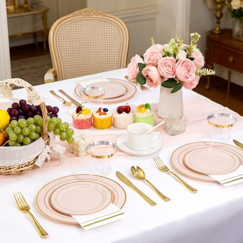 GATHER 350PCS Pink Plastic Plates with Gold Rim for Wedding Baby Shower - Image 3