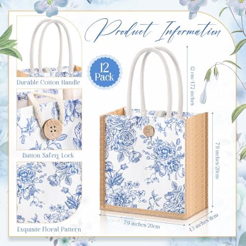 Abbylike 12 Pcs Floral Gift Bag Small Flower Tote Bag,Blue Flowers - Image 2