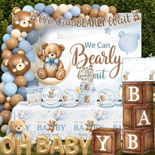 Bear Baby Shower Decorations,260pcs All-in-1 Blue Bear Party Decorations Plates and Napkins Cups Tablecloth Banner Backdrop for Boy Baby Shower Decorations - Image 3