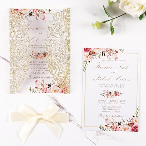 50pcs Gold Glitter Laser Cut Invitation Pockets with Blank Inner Sheets - Image 3