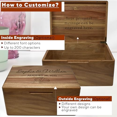 Personalized Wedding Keepsake Box Large Acacia Wood, Memory Box with Lid - Image 4