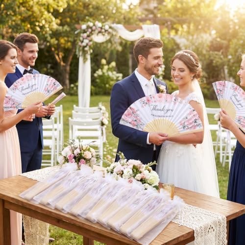 Wenqik 100Sets Pink Flower Hand Folding Fans,Wedding Party Favors for Guest - Image 6