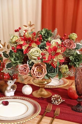 Artificial Christmas Flowers Set with Poinsettia, Fake Roses, Greenery Leaves & Stems for DIY Christmas Decor - Wreath, Tree Ornaments, Wedding Bouquets, Centerpieces, Home Floral Arrangement - Image 2
