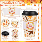 Jingmore 48 Sets 16oz Disposable Paper Coffee Cups with Lids Sleeves Straws Holiday Paper Drinking Cups Bulk for Hot Cold Beverages Home Business Cafe Birthday Party Supplies (Fall) - Image 2