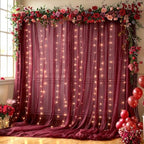 10x10FT Burgundy Wrinkle Free Backdrop Curtains with Lights String for Parties - Photo Curtain Backdrop with Lights for Wedding Decorations, Bridal Baby Shower Birthday Party Photography Background by WishCare