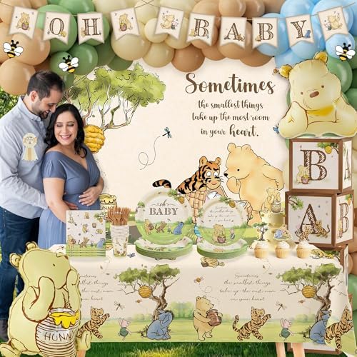 282Pcs Classic Winnie Neutral Baby Shower Decorations Quotes Plates Set - Image 4