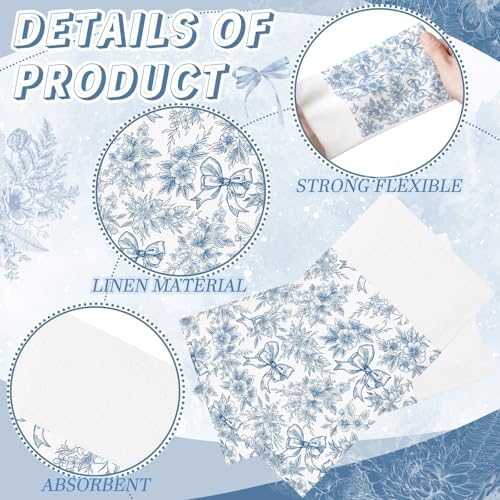 Potchen 100 Pcs Linen Feel Napkins Disposable, Something Blue Bow Flowers - Image 6