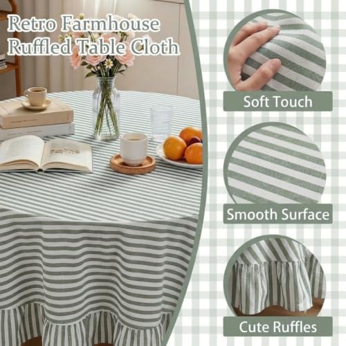 Sage Green Striped Ruffle Tablecloth 70" Round Farmhouse Flounces Trim Table Cover for Seat 4-6 for Picnic Dining Kitchen Party Wedding Decor - Image 6