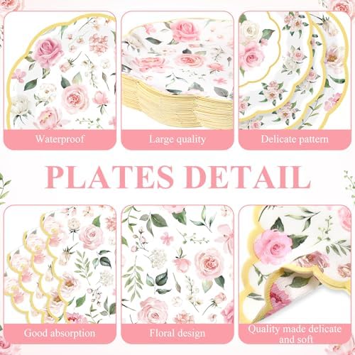 Funnymoom 250 Pcs Pink Gold Floral Paper Plates Napkins Cups Serves 50 - Image 2