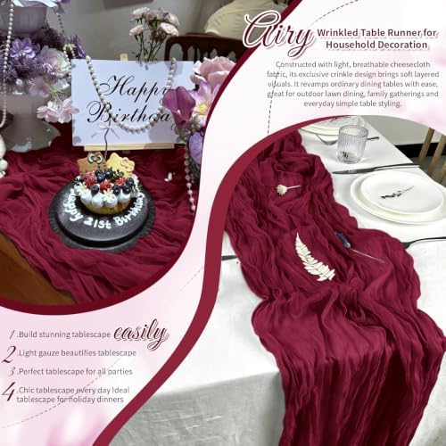 Burgundy Boho Cheesecloth Table Runner 12 Pack 17x108 Inch Sheer Gauze - Image 7