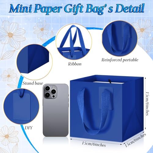 Windyun 50 Pcs Mini Paper Gift Bags with Handle 6 x 6 x 6'' Square Small Favor Bag with DIY Thank You Tag for Christmas Birthday Wedding Bridal Shower Bridesmaid Graduation Party (Dark Blue) - Image 2