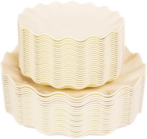 LIYH 50 Pcs Beige Plastic Plates Reusable Unbreakable Dinner Plates Scalloped Plastic Plate Dishwasher Safe Ivory Plate Sets Perfect for Parties Birthday Picnics BPA Free (25Guests) by LIYHLoveinyourheart