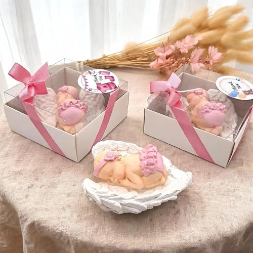 Baby Shower Favor, Set of Stone Angel with Wing Baby Favor Magnet, Baptism Return giveaways Pink White Blue Girl Boy Favor Magnets, Gender Reveal, Communion Gifts (White Wing Pink Baby, Set of 30) by GiftUp