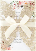 50pcs Gold Glitter Laser Cut Invitation Pockets with Blank Inner Sheets by Maffily