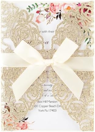 50pcs Gold Glitter Laser Cut Invitation Pockets with Blank Inner Sheets by Maffily