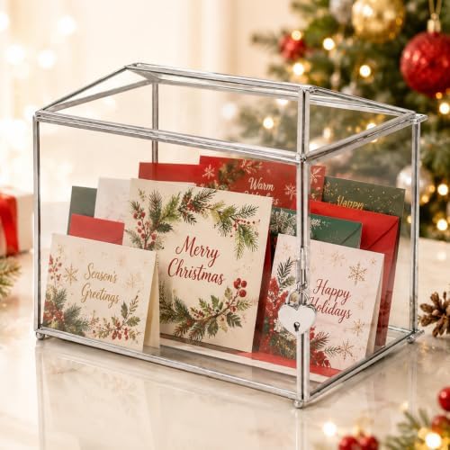 Wedding Glass Card Box with Slot and Lock, 10.2 x 6 x 8 Inch, Small Silver Geometric Cards Holder for Birthdays Party Reception, Wishing Well - Slot Length 6.3'' (Glass Box Only) - Image 3