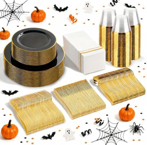 SUT 350-Piece Black and Gold Disposable Plates - Elegant Plastic Dinnerware for 50 Guests, Includes Cups & Napkins | Durable Leak-Proof Design for Weddings, Birthdays, Holidays by SeeYouTomorrow